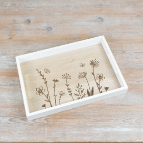 Sophisticated wooden tray featuring a graceful blossom flower pattern.