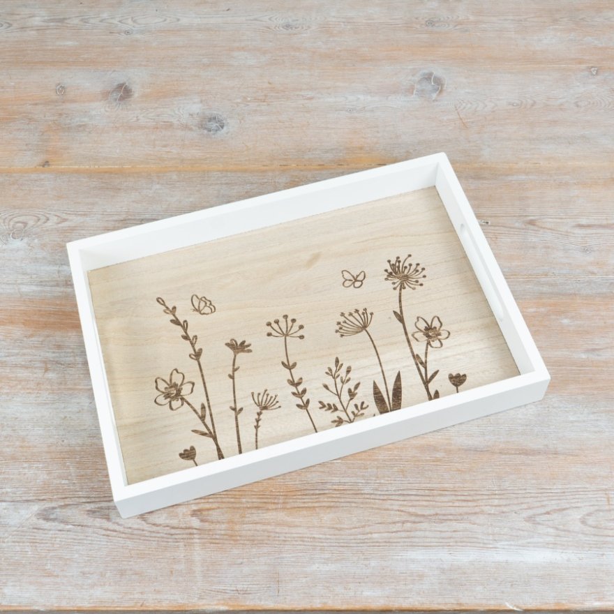 35cm Wooden Tray with Floral Pattern