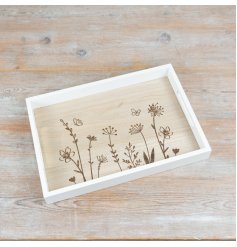 Elegant wooden tray with delicate flower blossom design,