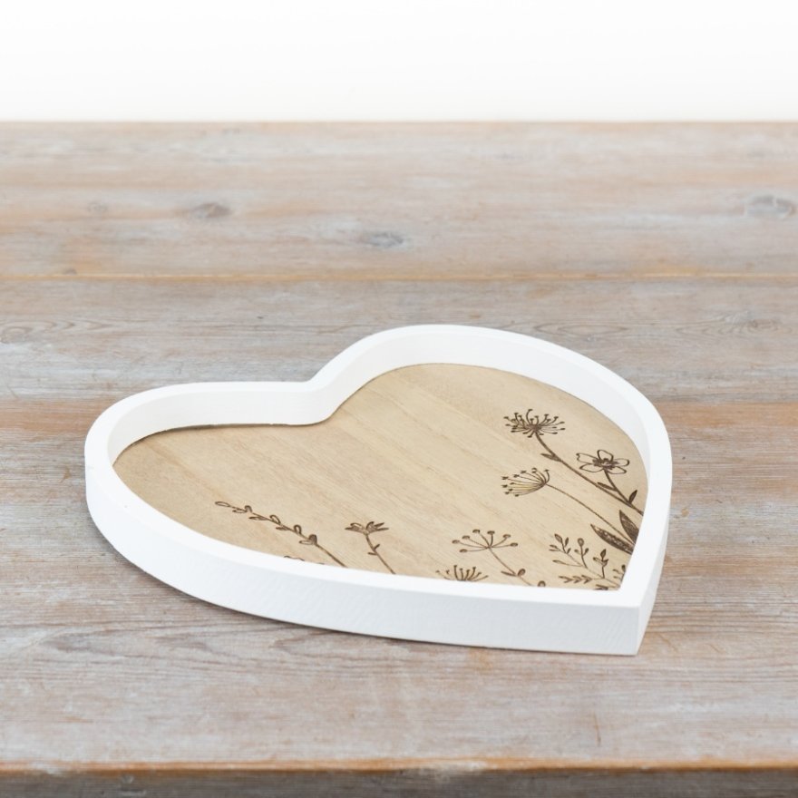 24.5cm Heart Wooden Tray Roses Design