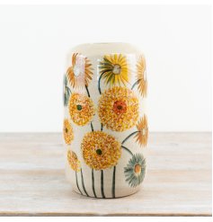 Dandelion Ceramic Vase with a glossy orange glaze and delicate dandelion pattern.
