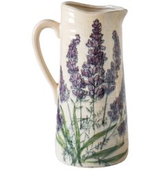 Rustic glazed jug featuring charming lavender artwork for a vintage-inspired touch.