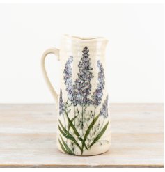Rustic glazed jug featuring charming lavender artwork for a vintage-inspired touch.