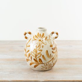 Glossy ceramic vase featuring a beautiful floral design.