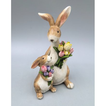 Floral Mum & Baby Rabbit Decoration, 14cm
