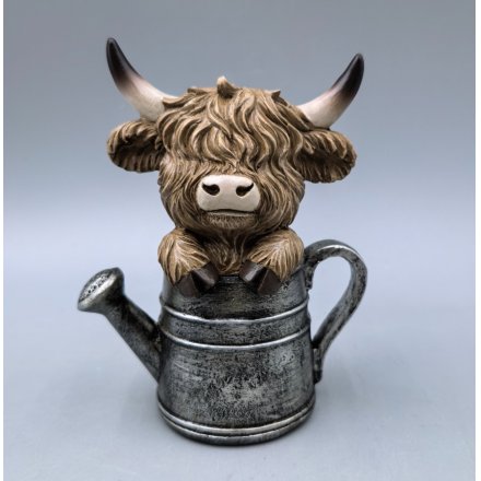 12.5cm Highland Cow Figurine in Watering Can