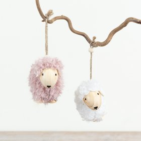 Charming duo of wooly sheep ornaments, elegantly suspended on rustic jute twine.