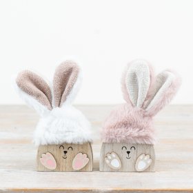 Charming wooden rabbit with white wood and soft pink faux fur