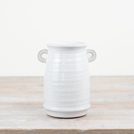 A timeless vase with a white crackled finish and small eared handles. 