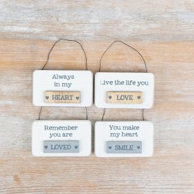 A mix of 4 natural wooden signs, each with a sentiment slogan. Complete with layered wooden detail and wire hanger.