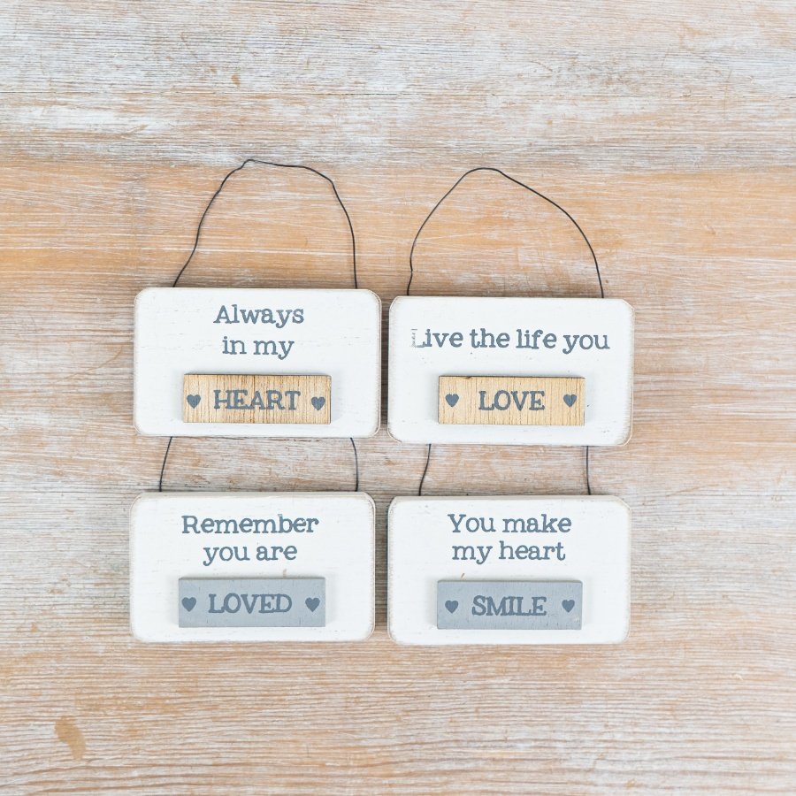 A mix of 4 natural wooden signs, each with a sentiment slogan. Complete with layered wooden detail and wire hanger.