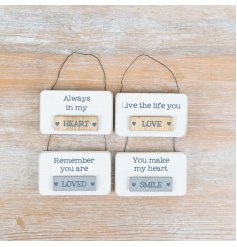 A mix of 4 double layered mini wooden plaques with an assortment of sentiment slogans. 