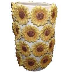 A gorgeous sunkissed tall vase beautifully adorned with embossed sunflowers.