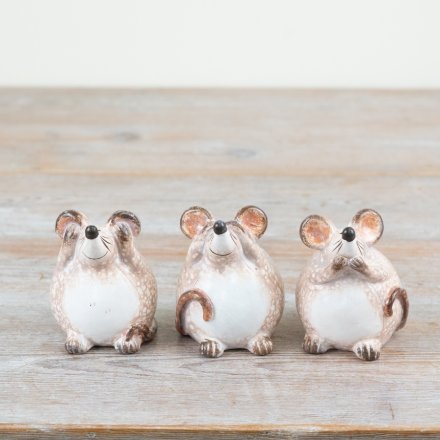 Set of 3 wise mice with unique facial expressions for a charming touch to home decor.