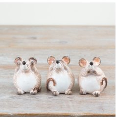 Set of 3 wise mice with unique facial expressions for a charming touch to home decor.
