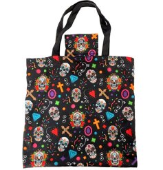 Spook up your shopping with this chic, eco-friendly bag adorned with skulls. Reusable and trendy.