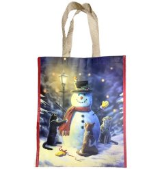 Get in the holiday spirit with our eco-friendly Lisa Parker reusable bag featuring festive feline and snowman designs