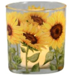 Add a warm, floral glow to your space with this charming Yellow and Green Glass Sunflower Candle Holder