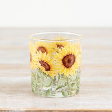 Add a warm, floral glow to your space with this charming Yellow and Green Glass Sunflower Candle Holder