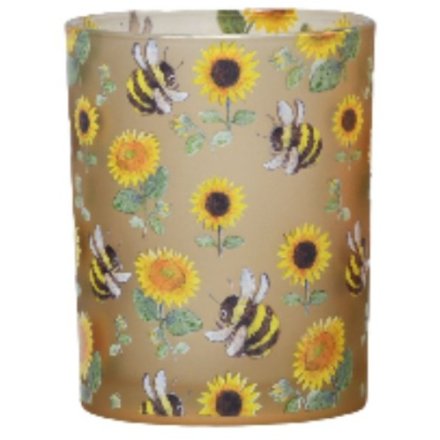 Glass Bee & Sunflower Candle Holder, 12.5cm 