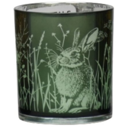 Green Glass Rabbit & Flower Candle Holder, 8cm 