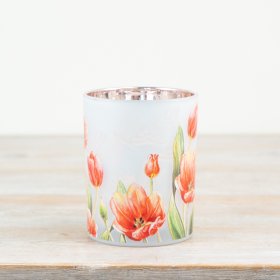 Stylish glass candle holder featuring a charming floral design.