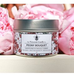Enjoy the soft floral scent of our 100ml Peony Bouquet scented tin candle.