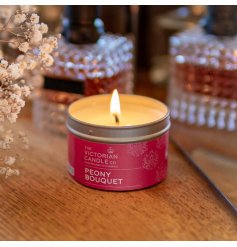 Indulge in the delicate floral aroma of our Peony Bouquet 100ml Scented Tin Candle