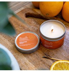 Brighten your space with the vibrant, citrusy aroma of our Orange Zest 100ml Scented Tin Candle