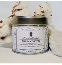 Charming candle in a stylish metal tin with the fresh, clean aroma of crisp cotton.