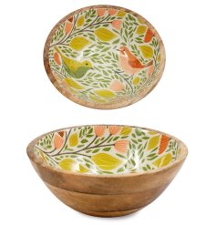 Delightful Songbird bowl crafted from enamel and wood.