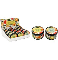 Light up your space with our 7.5x5cm refreshing Citrus Tin Candle.