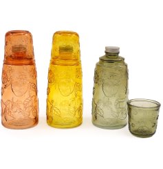 Add a touch of nature to your home with this elegant embossed glass bottle and matching tumbler,