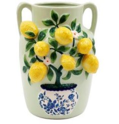 Brighten your space with this 20x26cm Lemon Tree Vase, showcasing charming blue and yellow hues
