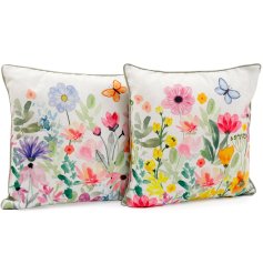 this cushion has a vibrant florals design 