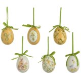 View Yellow Hanging Eggs, Set 6 Details A set of 6 hanging foam eggs with a high gloss exterior. Each egg is beautifully decorated with a spring design.