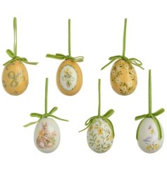 A set of 6 hanging foam eggs with a high gloss exterior. Each egg is beautifully decorated with a spring design. 