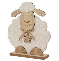 Charming white felt sheep on a sturdy MDF base with a jute flower