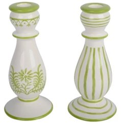 Add a touch of elegance to your home with the Candleholder Dolomite Glazed Flower/Stripe. 