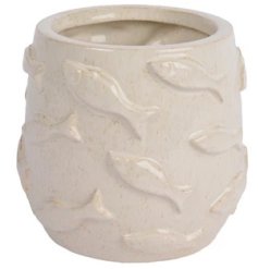 Bring coastal vibes to your space with the Planter Porcelain Reaction Glaze featuring fish design.