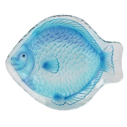 Enhance your coastal meals with this stylish blue glass plate shaped like a fish.