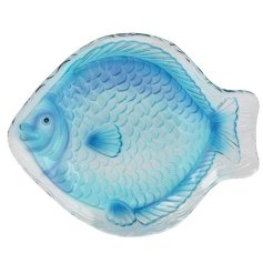 Enhance your coastal meals with this stylish blue glass plate shaped like a fish.