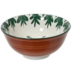 Elegant round porcelain bowl with a delicate palm leaf decal and rich brown glaze