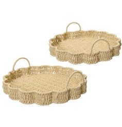 Chic woven trays featuring a floral pattern for a decorative touch.