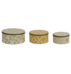 A set of 3 pretty floral tins, each in a charming yellow hue. A stylish kitchen storage item and decoration. 