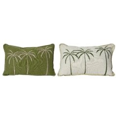 A mix of 2 green and cream rectangular cotton cushions with an embroidered palm tree design. 