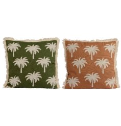 A mix of 2 richly coloured cotton cushions, each with an embroidered palm motif and fringe edging. 