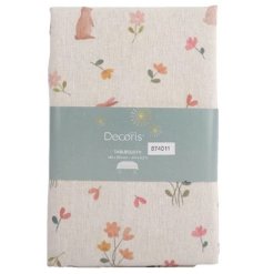 A colourful and cute cotton tablecloth printed with an abundance of flowers and bunnies. 