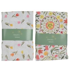 An assortment of 2 colourful cotton tablecloths featuring bold and beautiful tulip patterns. 