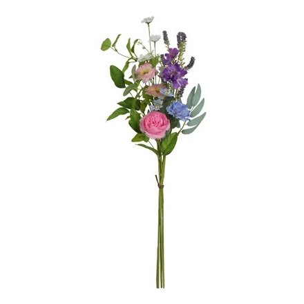 A fine quality artificial posy featuring a purple and blue colourful mix of peonies, daisies, lilac and wildflowers.